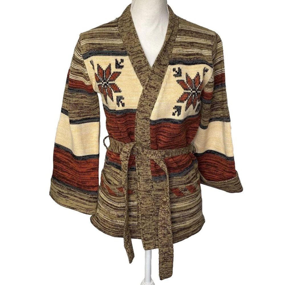 Vintage Monarch Knits Women’s Cardigan Belted Color Block Flower Size Medium